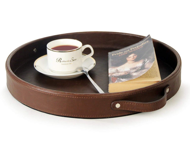 HofferRuffer Top Nocth PU Leather Round Serving Tray, Decorative Serving Tray with Handles, Coffee Tray, Ottoman Tray for Home Or Office, Diameter 14.6-inch, Brown - Image 1